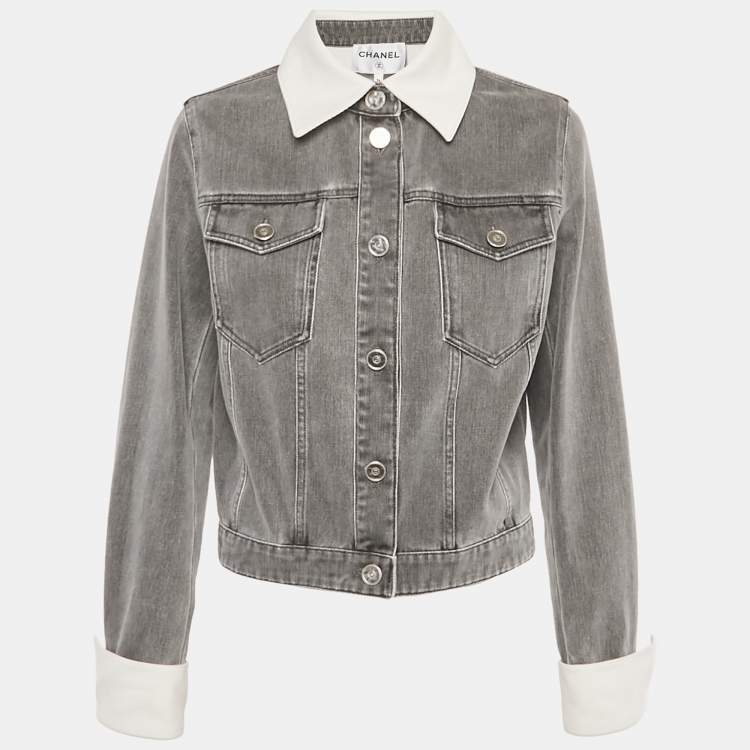 Pre Owned Chanel Grey Washed Out Denim Jacket S
