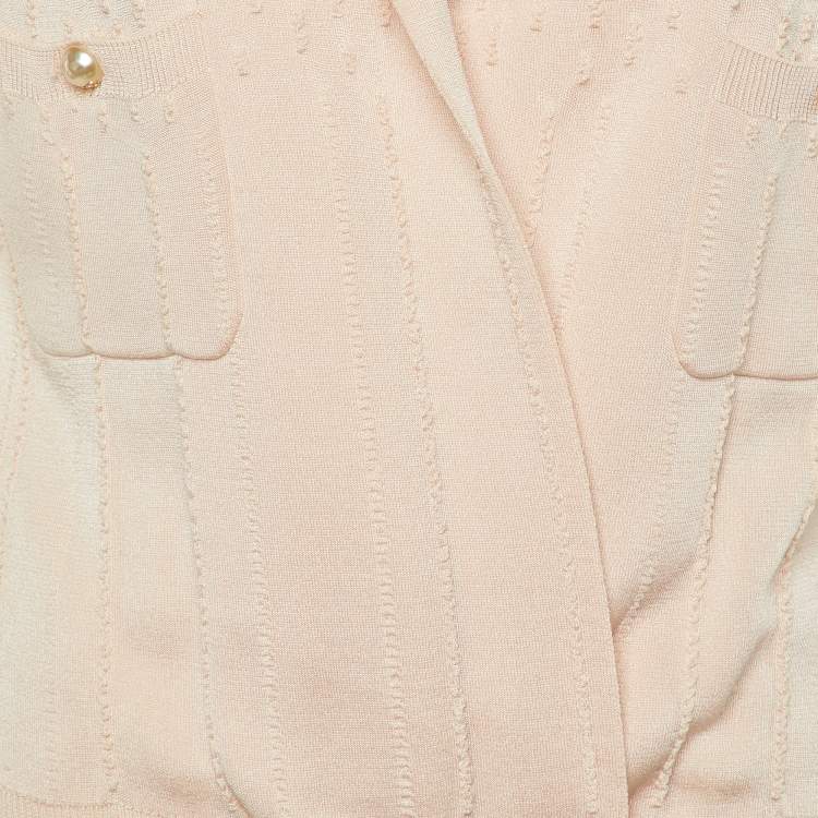 Pre Owned Chanel Pink Textured Knit Brooch Detail Cardigan L