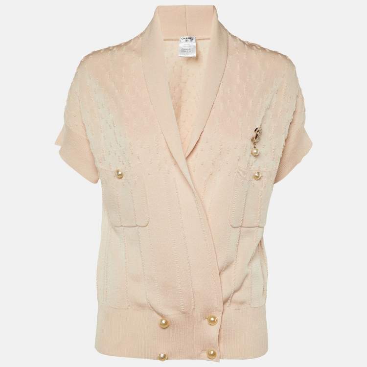 Pre Owned Chanel Pink Textured Knit Brooch Detail Cardigan L