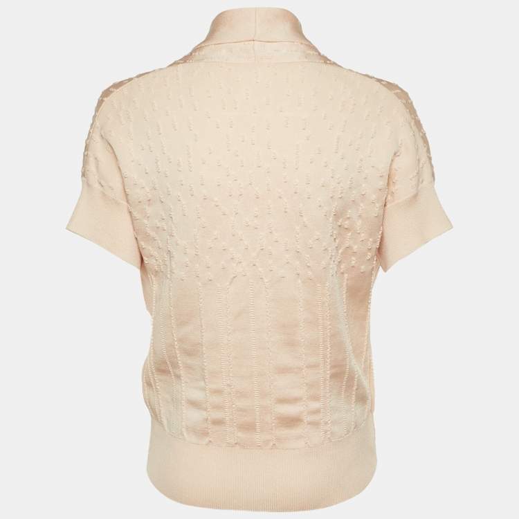Pre Owned Chanel Pink Textured Knit Brooch Detail Cardigan L