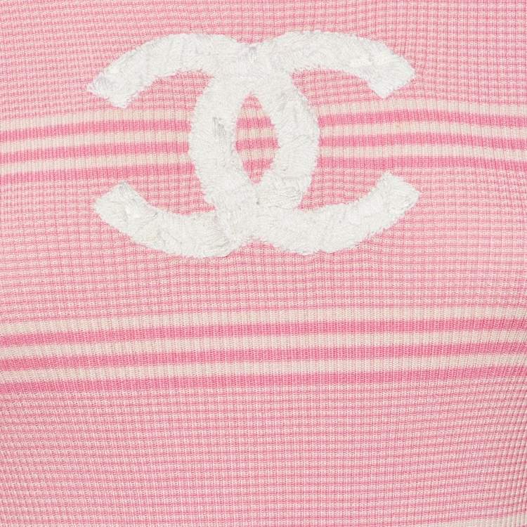 Pre Owned Chanel Pink CC Striped Knit Crew Neck Top M