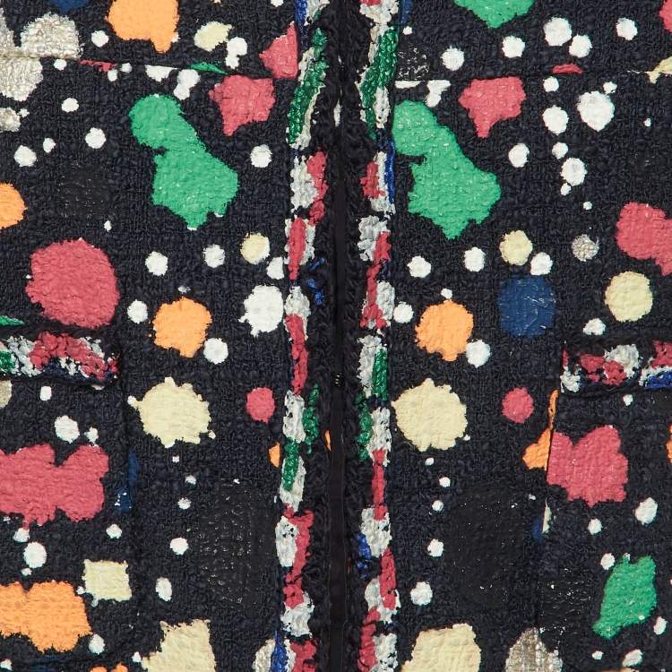 Pre Owned Chanel Navy Blue Multi Dot Print Tweed Cropped Jacket M