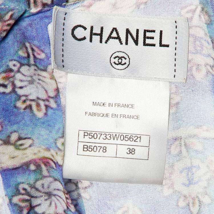 Pre Owned Chanel Blue Floral Print Silk Scarf Detail Blouse M