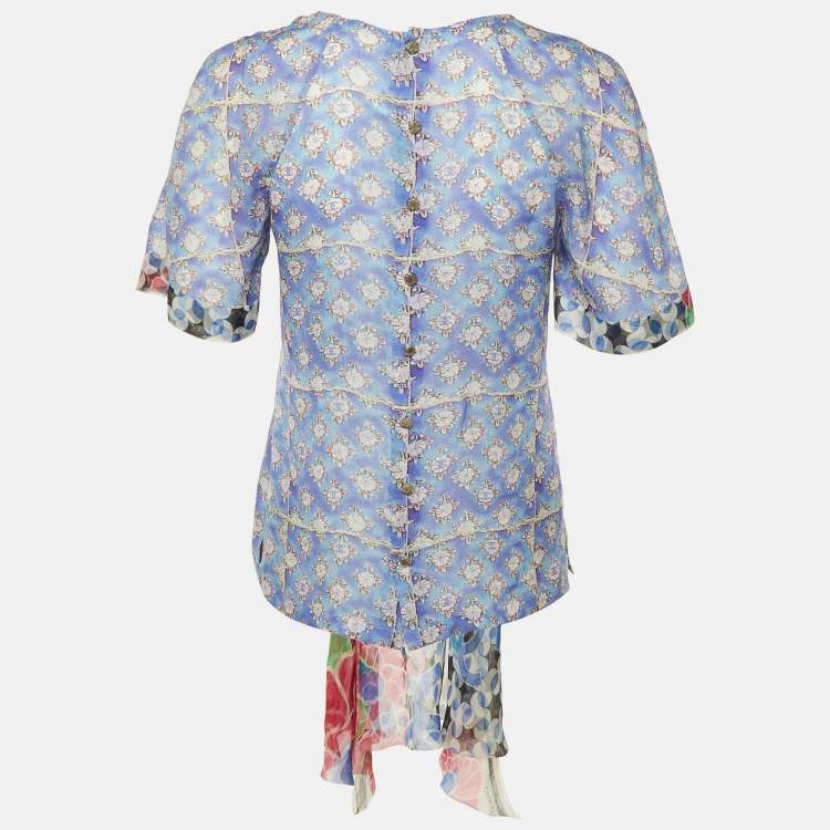 Pre Owned Chanel Blue Floral Print Silk Scarf Detail Blouse M