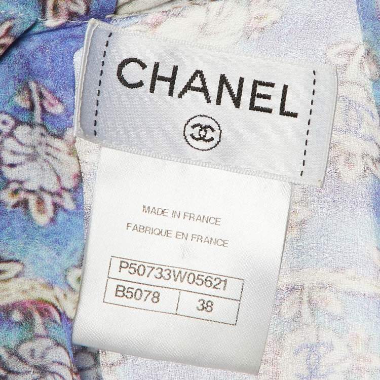 Pre Owned Chanel Blue Floral Print Silk Scarf Detail Blouse M
