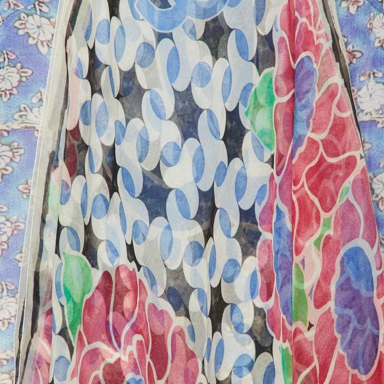 Pre Owned Chanel Blue Floral Print Silk Scarf Detail Blouse M