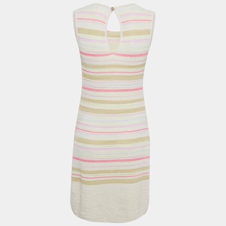 Pre Owned Chanel Pink/Cream Striped Lurex Knit Bodycon Dress M