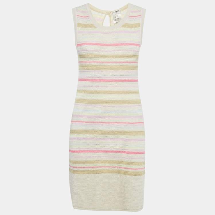 Pre Owned Chanel Pink/Cream Striped Lurex Knit Bodycon Dress M