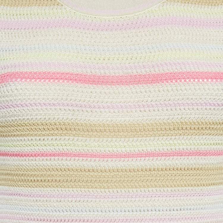 Pre Owned Chanel Pink/Cream Striped Lurex Knit Bodycon Dress M