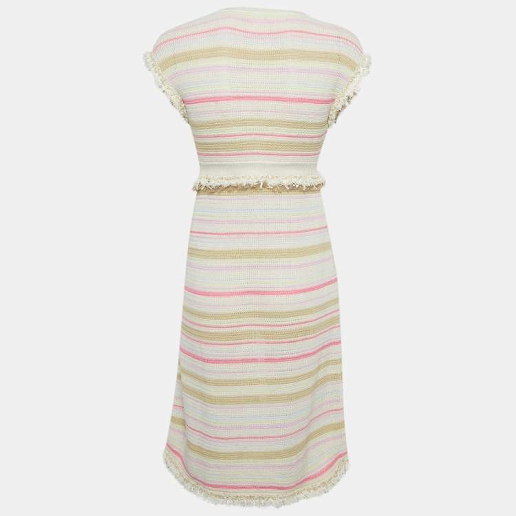 Pre Owned Chanel Cream/Pink Striped Knit Short Sleeve Cardigan S