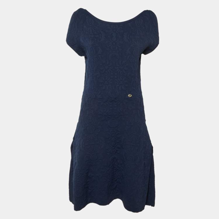 Pre Owned Chanel Navy Blue Embossed Jacquard Knit A-Line Dress L