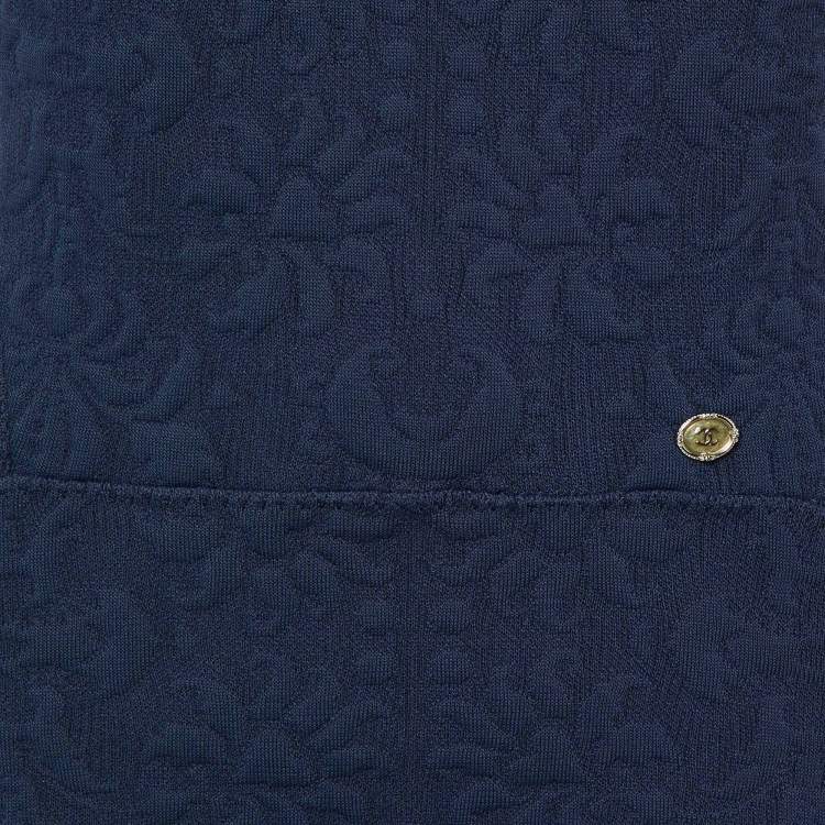 Pre Owned Chanel Navy Blue Embossed Jacquard Knit A-Line Dress L