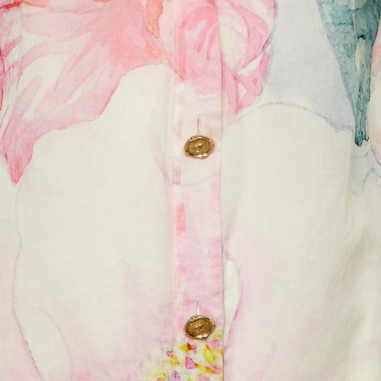 Pre Owned Chanel Multicolor Floral Print Cotton Button Front Sheer Top L