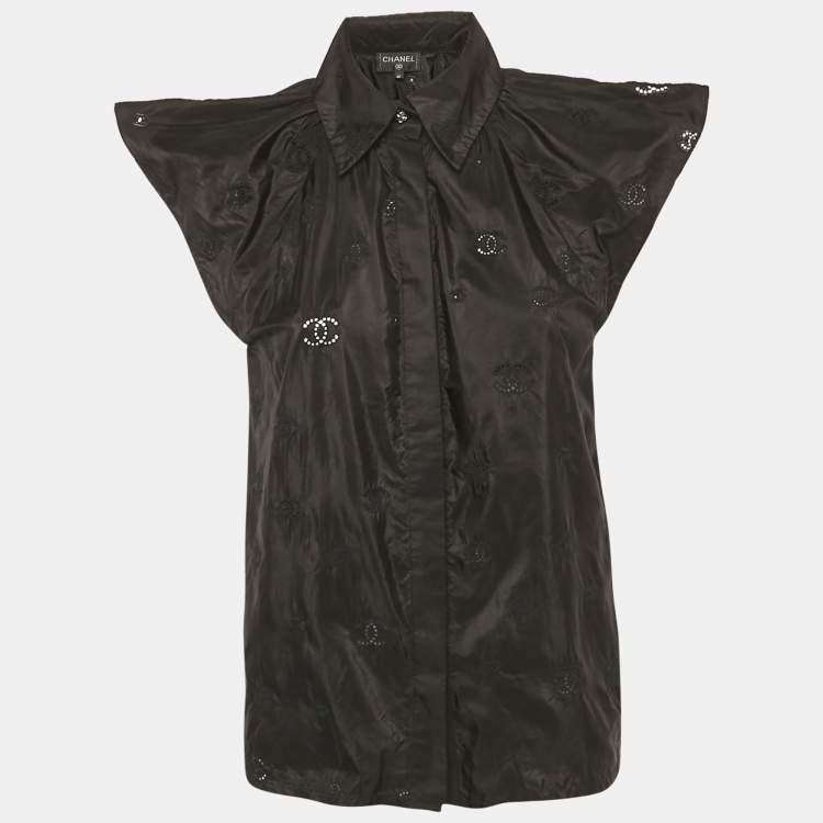 Pre Owned Chanel Black CC Embroidered Silk Sleeveless Shirt M