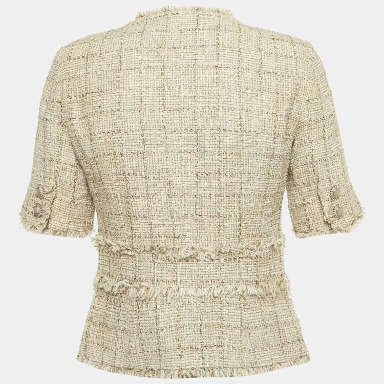Pre Owned Chanel Beige Tweed Lamé Raw Edge Jacket M