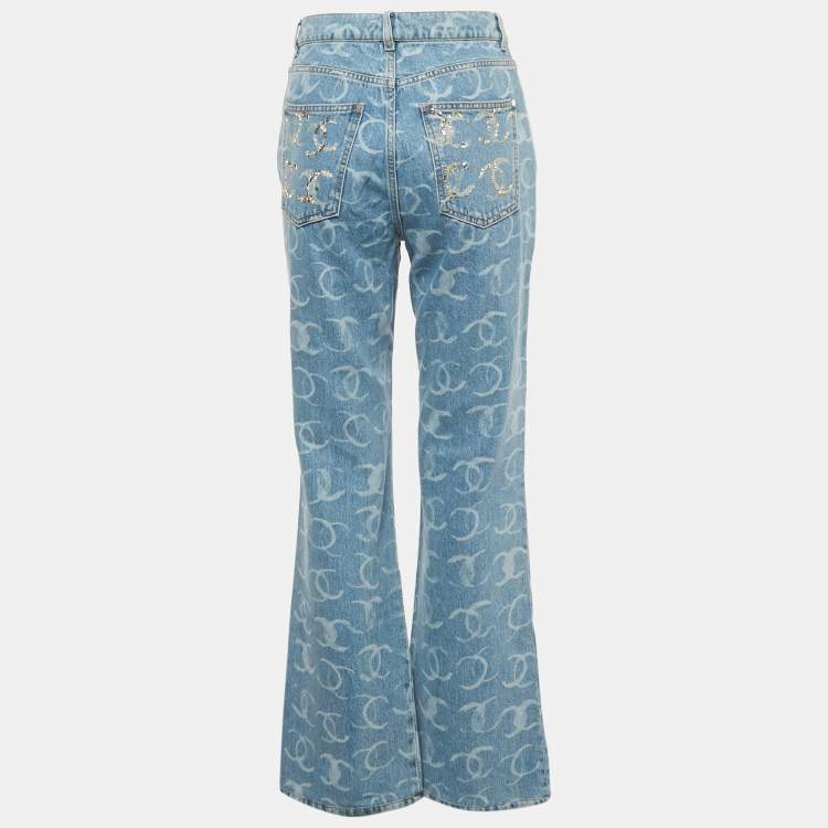 Pre Owned Chanel Blue CC Pattern Denim Sequin Pocket Jeans M/Waist 28"