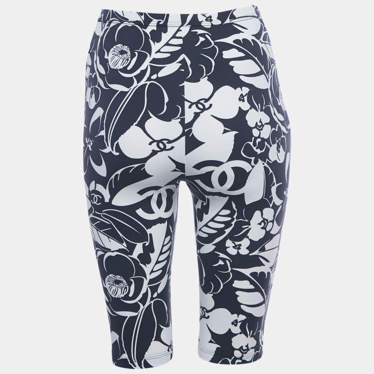 Pre Owned Chanel Navy Blue/White Floral Print Jersey Biker Shorts S