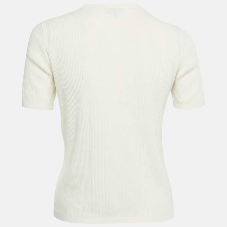مملوكة مسبقًا Chanel Cream Logo Embroidered Rib Knit Top S