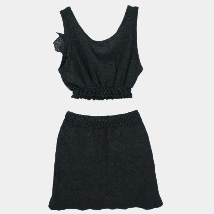 مملوكة مسبقًا Chanel Black Setup Suit Cropped Top Pants Skirt S