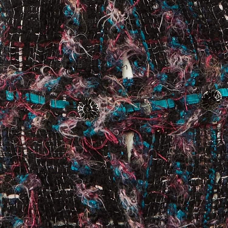 مملوكة مسبقًا Chanel Black/Purple Tweed Belted Long Jacket M 