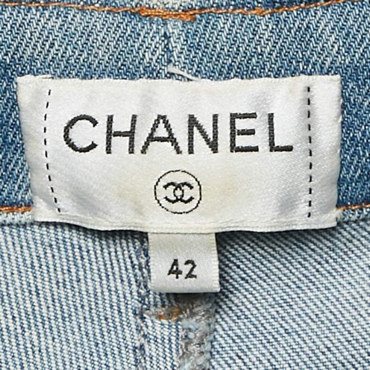 Pre Owned Chanel Blue Pattered Denim Slim Fit Jeans L Waist 27"