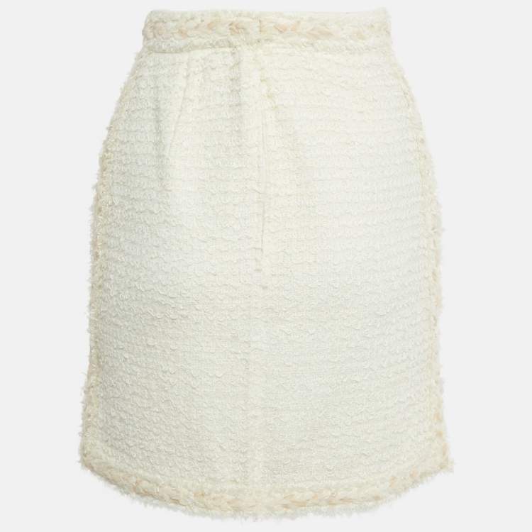 Pre Owned Chanel White Tweed Pencil Skirt S