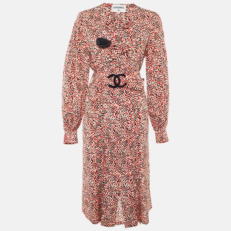 Pre Owned Chanel Red CC Check Print Silk Belted Midi Dress M
