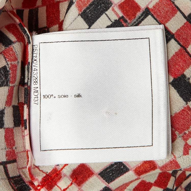 Pre Owned Chanel Red CC Check Print Silk Belted Midi Dress M