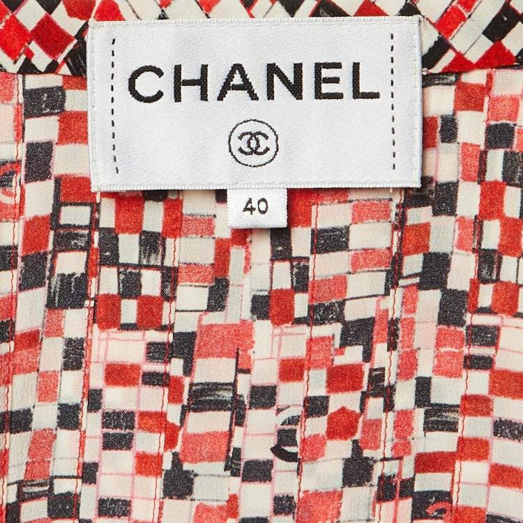 Pre Owned Chanel Red CC Check Print Silk Belted Midi Dress M