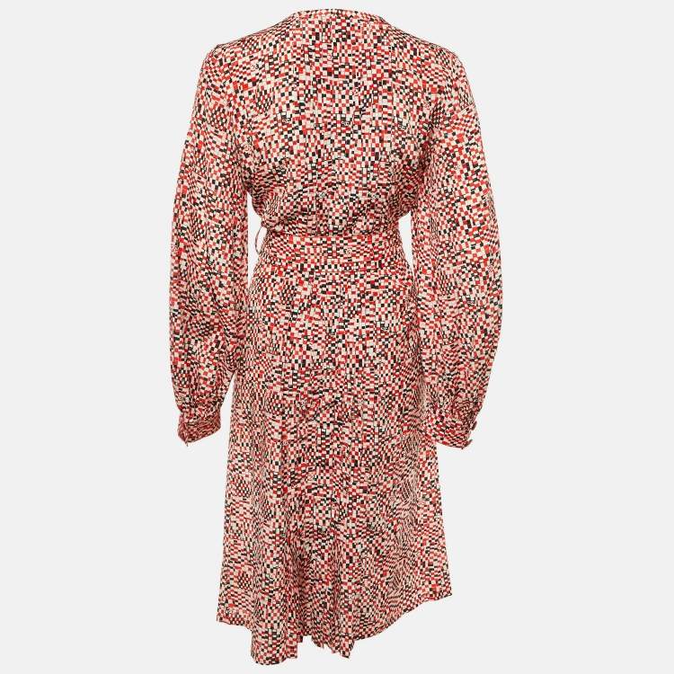Pre Owned Chanel Red CC Check Print Silk Belted Midi Dress M