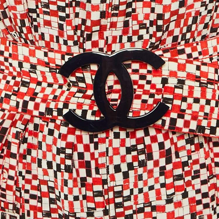 Pre Owned Chanel Red CC Check Print Silk Belted Midi Dress M