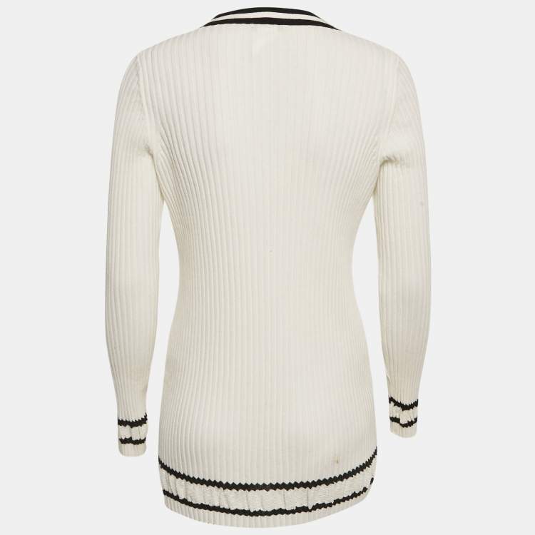 Pre Owned Chanel White Rib Knit Button Detail Cardigan M