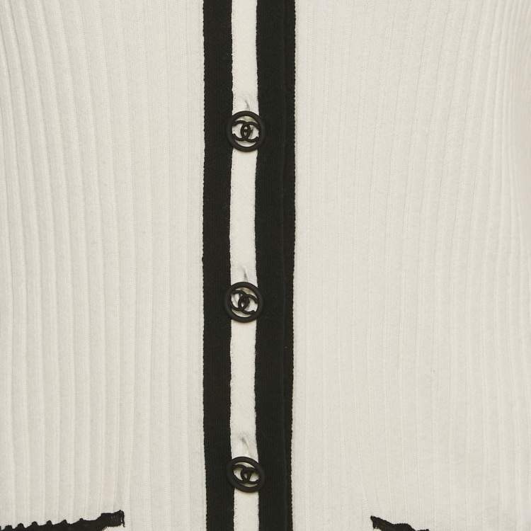 Pre Owned Chanel White Rib Knit Button Detail Cardigan M