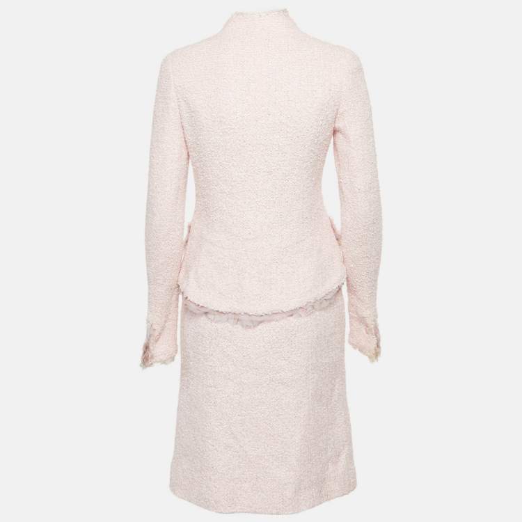 Pre Owned Chanel Pink Silk Trim Tweed Blazer and Skirt Set M