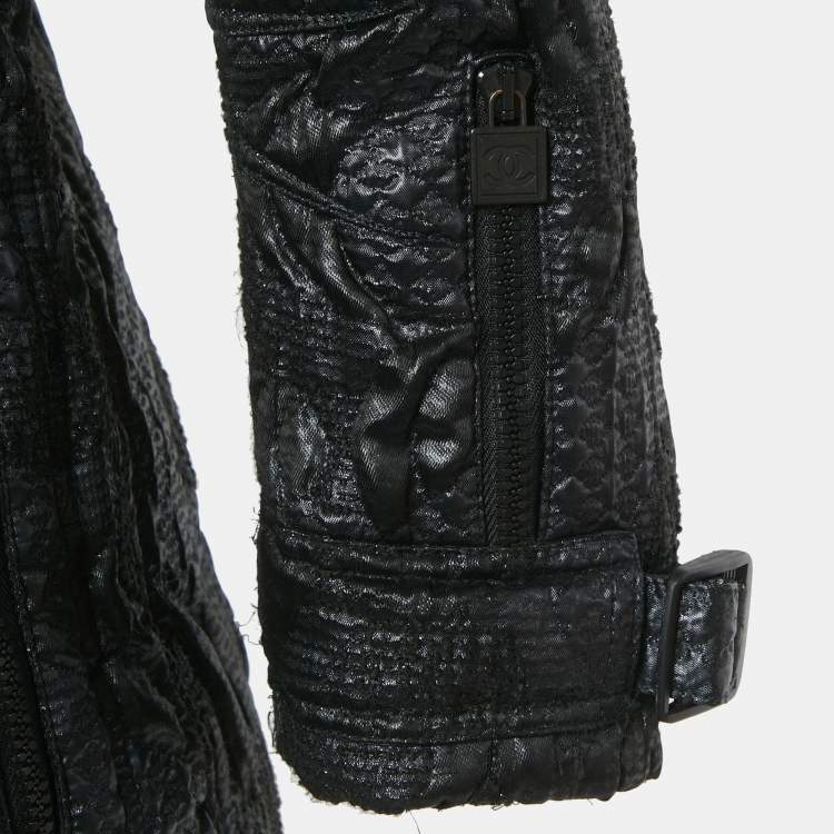 Pre Owned Chanel Navy Blue Jacquard Zip-Up Jacket S