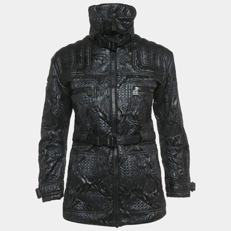 Pre Owned Chanel Navy Blue Jacquard Zip-Up Jacket S