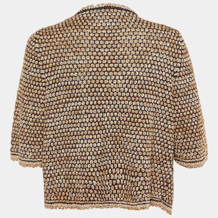 Pre Owned Chanel Navy Blue /Beige Tweed Chain Detail Open front Cardigan L