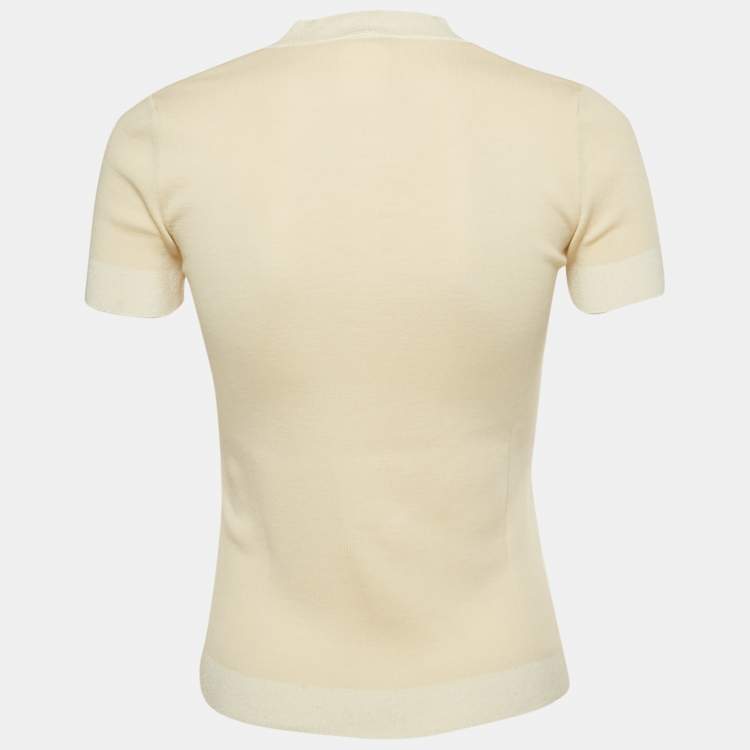 Pre Owned Chanel Cream Logo Embroidered Wool Sweater Top S