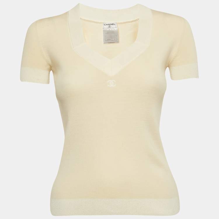 Pre Owned Chanel Cream Logo Embroidered Wool Sweater Top S