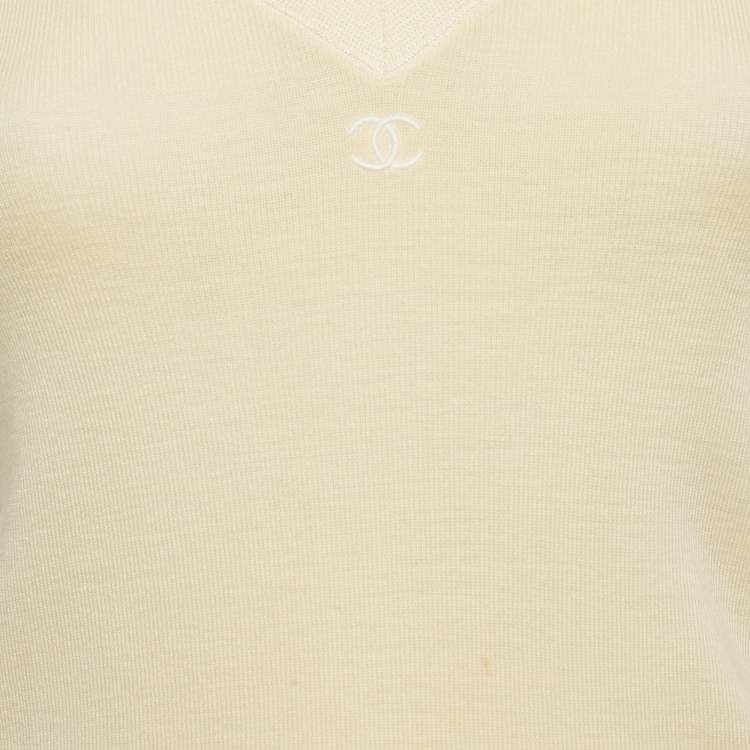 Pre Owned Chanel Cream Logo Embroidered Wool Sweater Top S