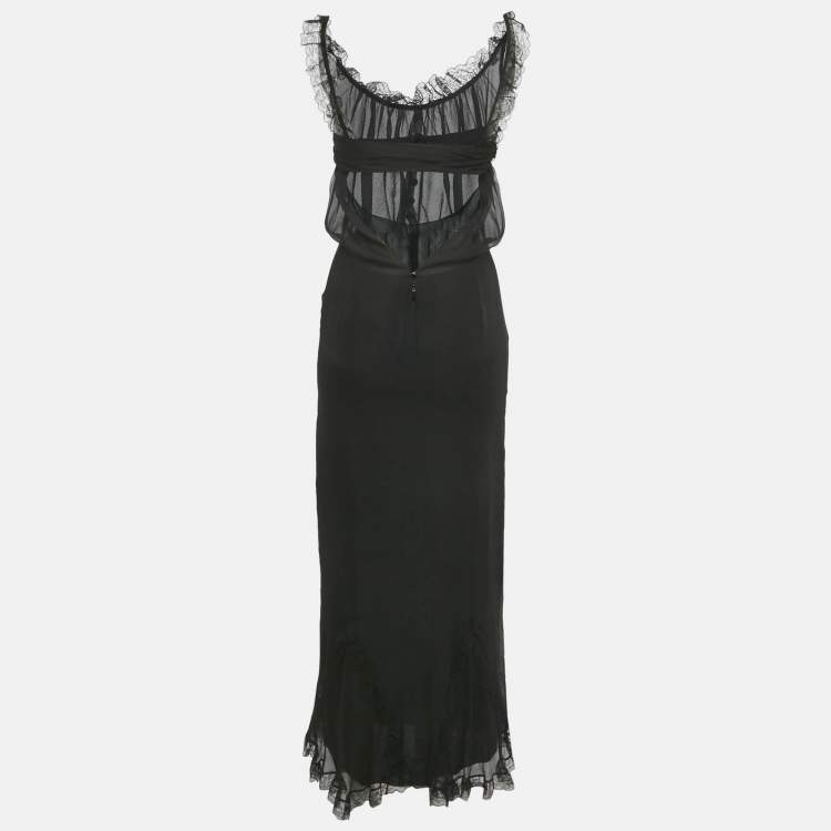 Pre Owned Chanel Black Silk Lace Detail Sheer Maxi Dress S