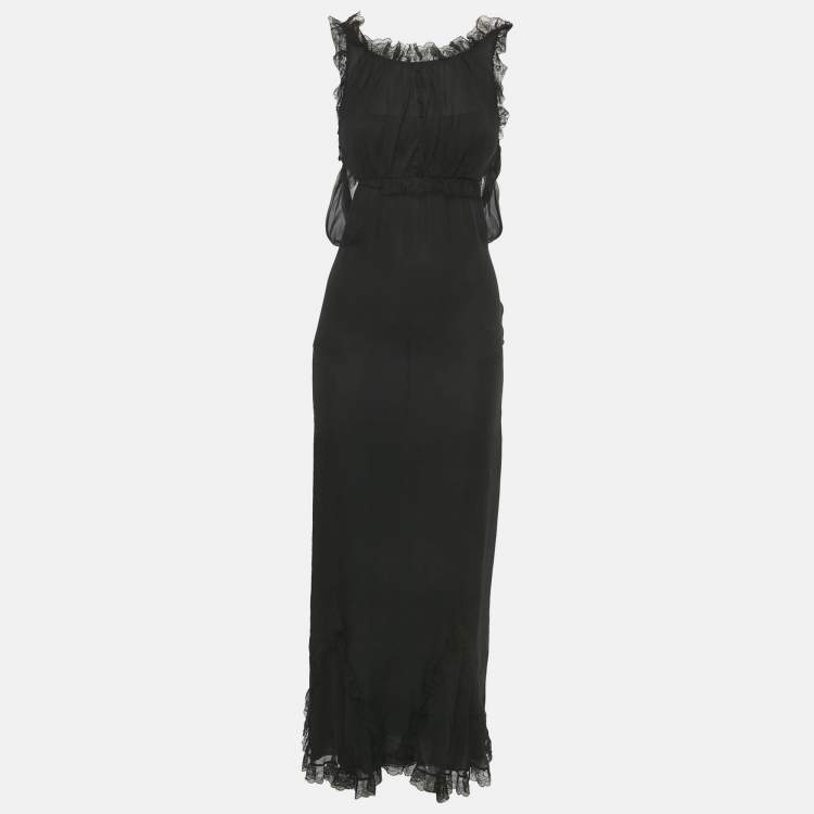Pre Owned Chanel Black Silk Lace Detail Sheer Maxi Dress S