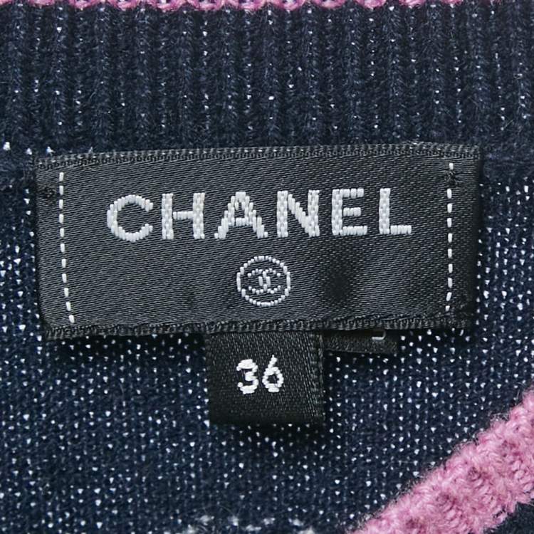 Pre Owned Chanel Navy Blue Patterned Cashmere Sweater S