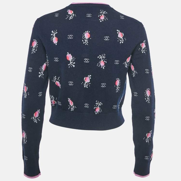 Pre Owned Chanel Navy Blue Patterned Cashmere Sweater S
