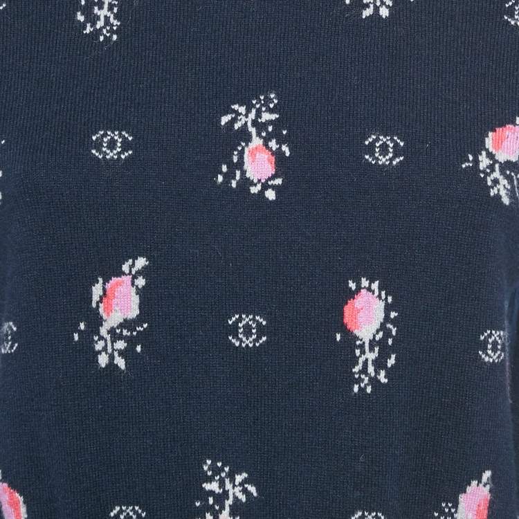 Pre Owned Chanel Navy Blue Patterned Cashmere Sweater S