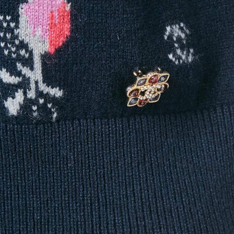 Pre Owned Chanel Navy Blue Patterned Cashmere Sweater S