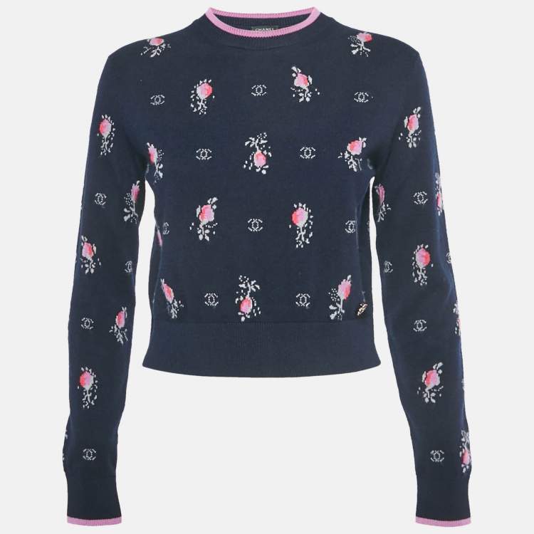 Pre Owned Chanel Navy Blue Patterned Cashmere Sweater S
