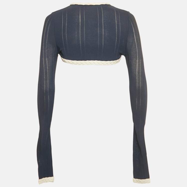 Pre Owned Chanel Navy Blue Knit Long Sleeve Crop Top S