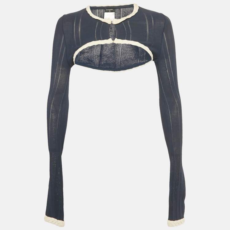 Pre Owned Chanel Navy Blue Knit Long Sleeve Crop Top S