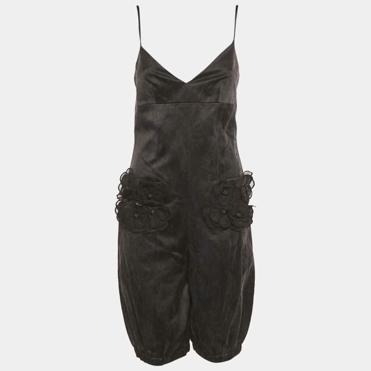 Pre Owned Chanel Black Floral Applique Silk Blend Playsuit S